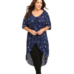 Torrid NWT Blue Georgette Floral Hi-Lo Roll Up Sleeve Open Tunic Kimono Dress